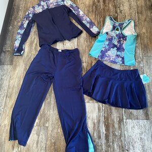 4 piece tennis athletic set Outfits LeJay jacket,pants, tank skirt Purple Floral